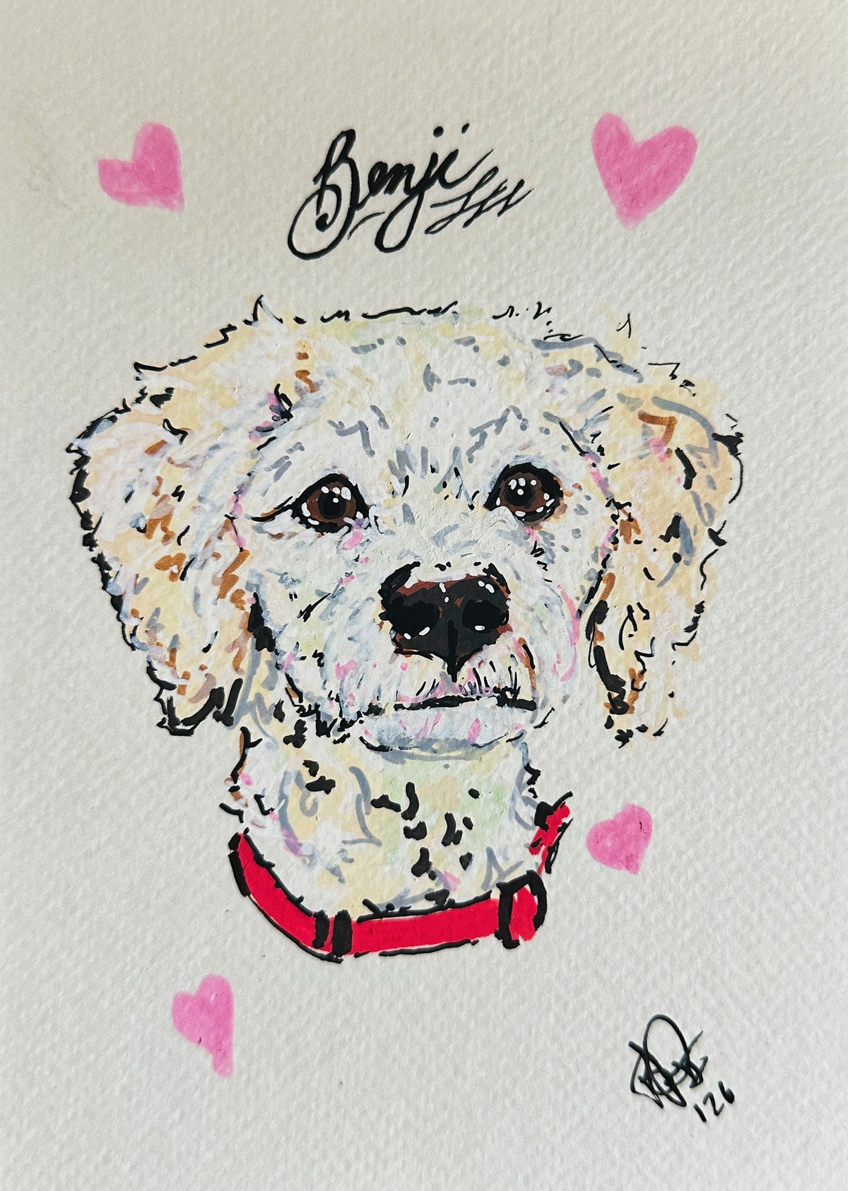 Painted pet portrait of Benji in acrylic on cold press paper, with hearts and his name